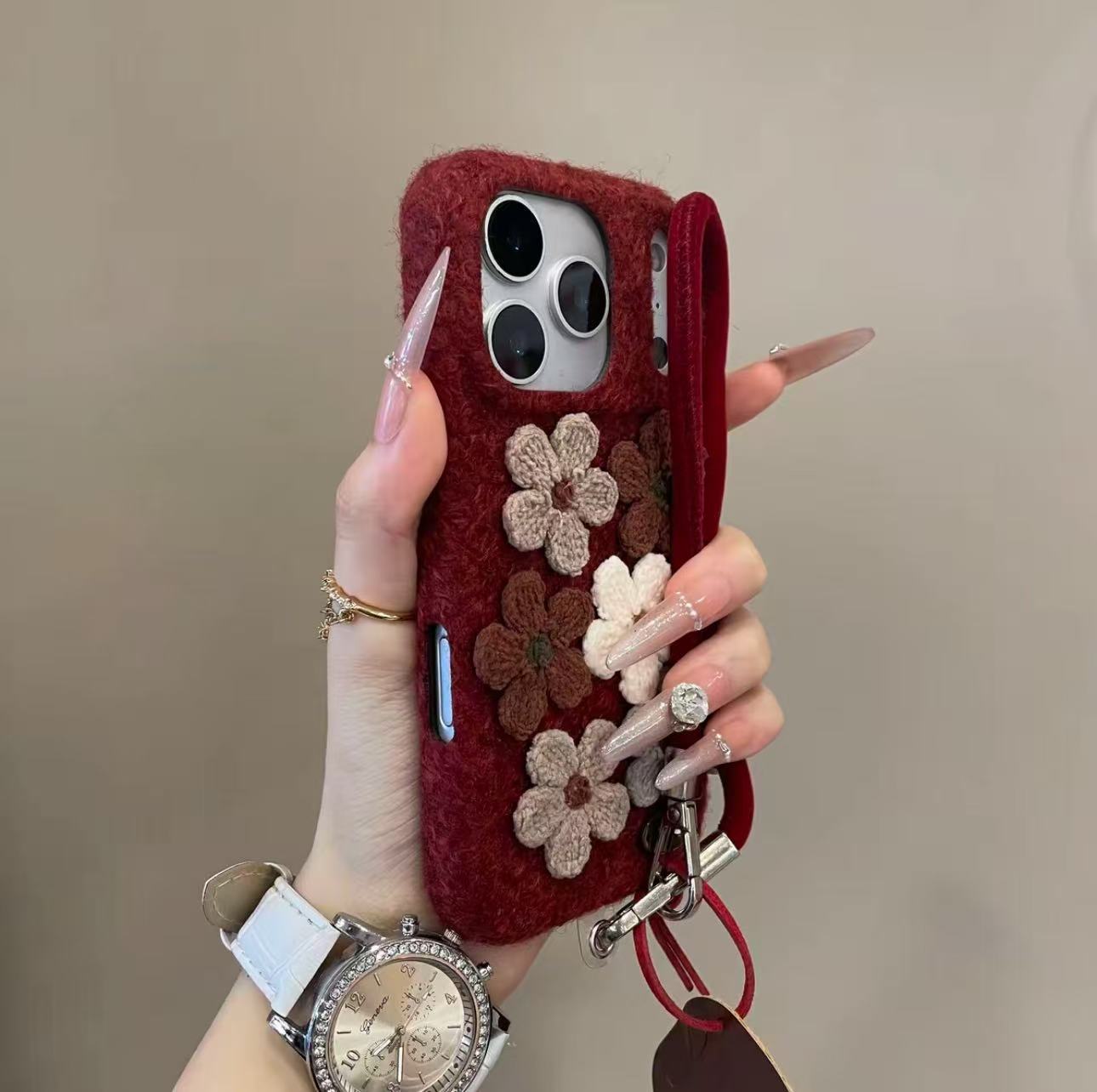 秋冬ins毛绒针织花朵适用iPhone17pro手机壳16pm复古iPhone15女14