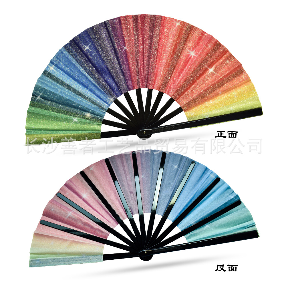 En stock 33cm Kung Fu ventilador sonido ventilador plástico hueso Arco Iris brillo Kung Fu ventilador plegable