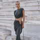 European and American style 2024 autumn and winter new women's personalized pleated round neck T-shirt solid color irregular micro-pants suit