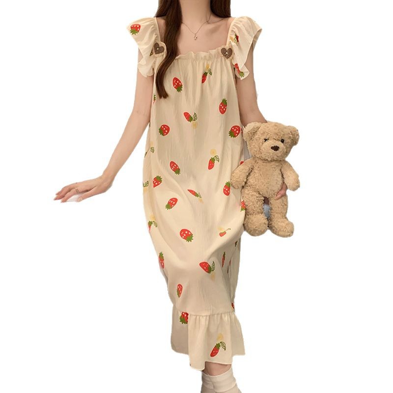 Pijama con cojín de pecho de verano de nube de algodón de mujer pequeña manga dulce dulce dulce dulce estudiante puede usar pijama delgado vestido largo