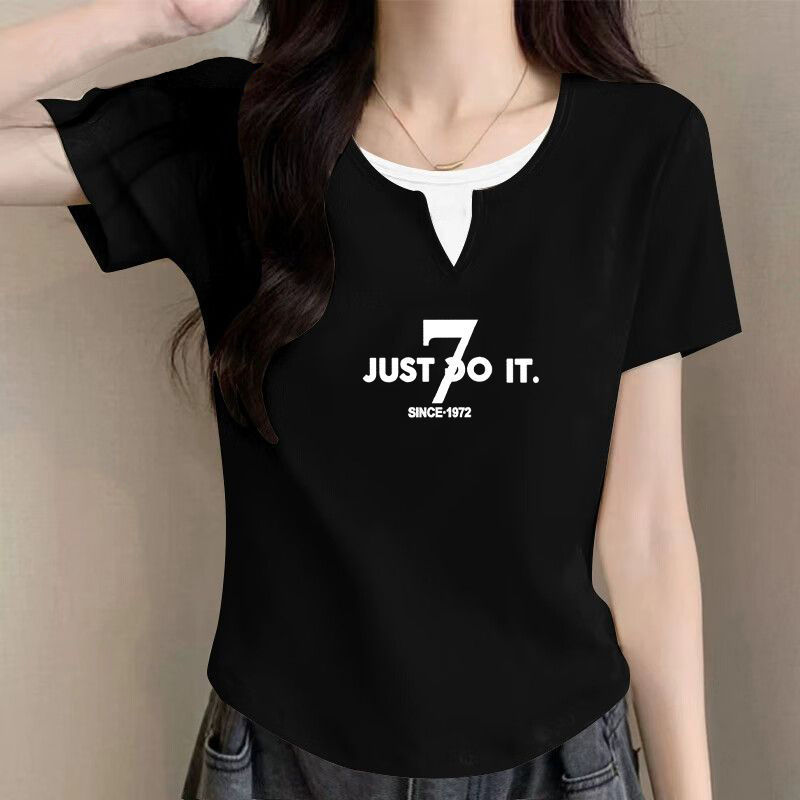 純綿半袖tシャツ女性2025夏の新型デザイン感裾のアーチ型偽の2つのユニークなつなぎ合わせ上着の潮|undefined