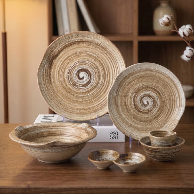 Cross-border spiral-patterned kiln-fired rustic ceramic tableware set: bowls, plates, rice bowls, soup bowls, stir-fry plates, bone dishes