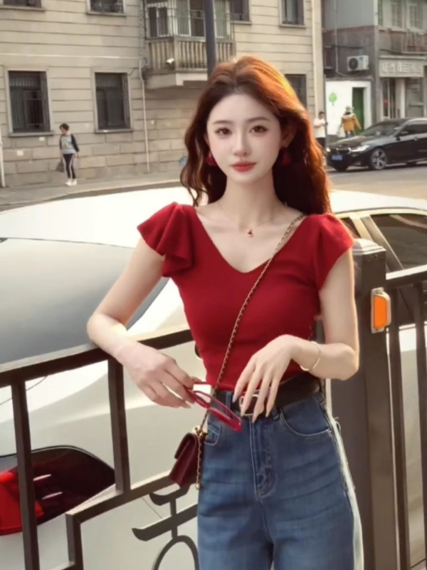 红色V领短袖针织衫正肩女夏季修身显瘦纯欲辣妹小飞袖短款上衣|undefined