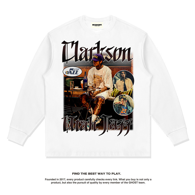 Clarkson American Star camiseta callejera hip-hop marca de tendencia impresión retro hacer viejo lavado pesado cuello redondo manga larga