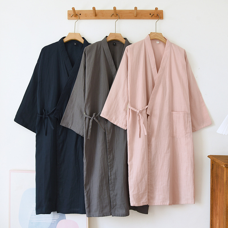 Cotton Gauze Bathrobe for Men and Women, Spring and Summer Thin Style, Japanese-Style Solid Color Couple's Sleepwear, Mid-Length Bathrobe Cotton Gauze Bathrobe for Men and Women, Spring and Summer Thin Style, Japanese-Style Solid Color Couple's Sleepwear, Mid-Length Bathrobe