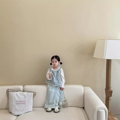 韓版童裝2024新款春季女童抽繩牛仔套裝洋氣木耳邊領打底衫三件套