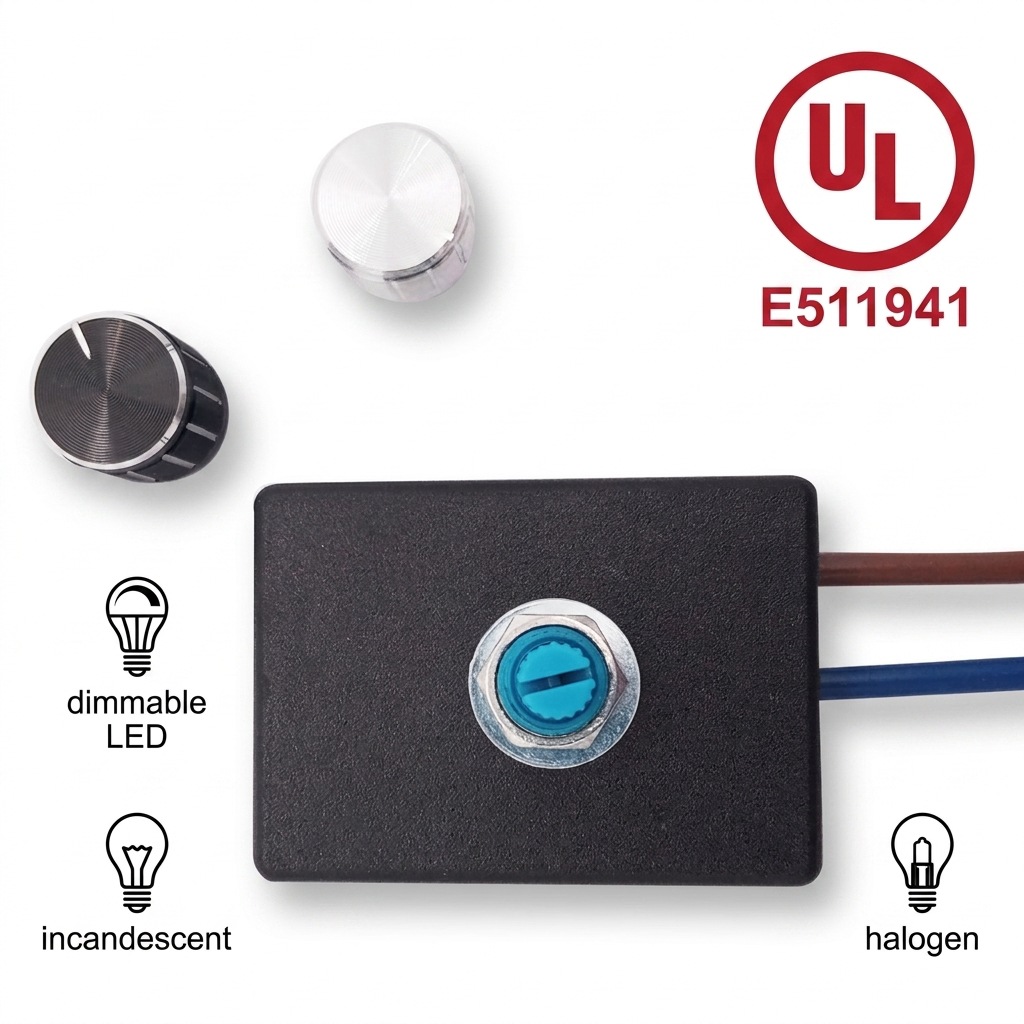 Controlador de luz LED con regulador de intensidad giratorio, certificado UL, 120V, estándar europeo y americano, para tiras de luz y lámparas de escritorio.
