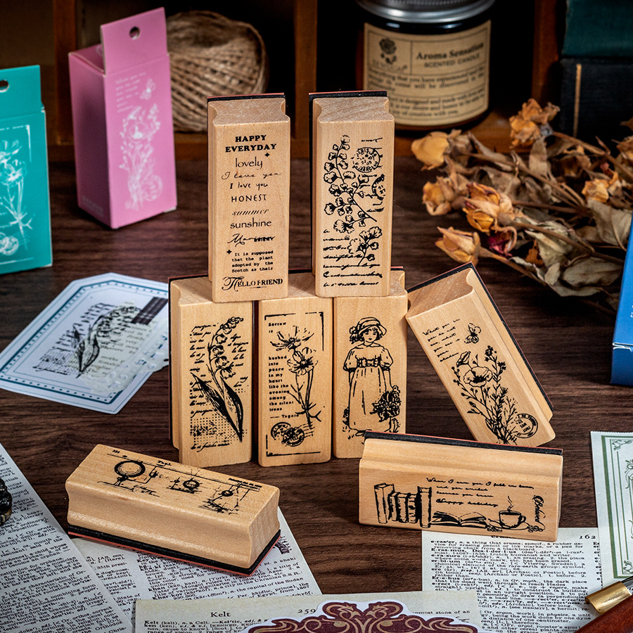 Serie de flores y flores para niñas, exquisitos sellos de madera, creativos transfronterizos, plantas frescas, bolsos, sellos decorativos de diario de bricolaje