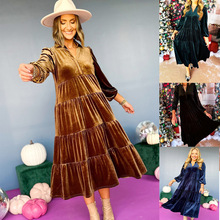 跨境外贸欧美长裙2025新款V领丝绒宽松多层荷叶边大摆大码连衣裙