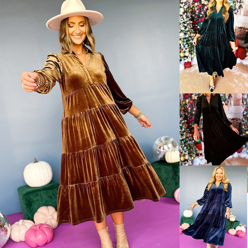 Cross-Border Export European and American Long Skirt 2025 New V Neck Velvet Loose Multi-Layered Ruffled Large Hem Large Size Dress