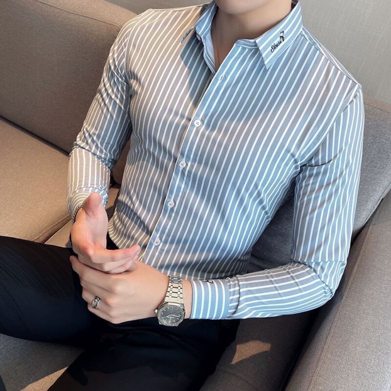 Men's Slim-Fit Embroidered Blue Long-Sleeve Business Casual Striped Anti-Wrinkle Stylish Korean-Style Shirt for Spring and Autumn Men's Slim-Fit Embroidered Blue Long-Sleeve Business Casual Striped Anti-Wrinkle Stylish Korean-Style Shirt for Spring and Autumn