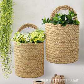 家用藤编编织储物篮墙挂收纳篮花园植物篮蒲草编织吊篮花盆套装饰