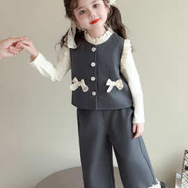 女童韩系套装春秋款女宝宝花边蝴蝶结马甲秋装小女孩阔腿裤三件套