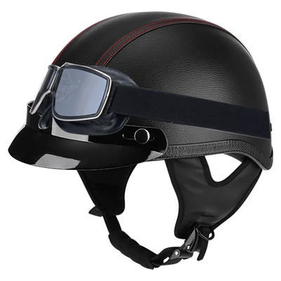 helmet, Motosiklet kaskı (dəbilqə) - black-leather-red-line-brim-square-retro-mirror-m56-57cm