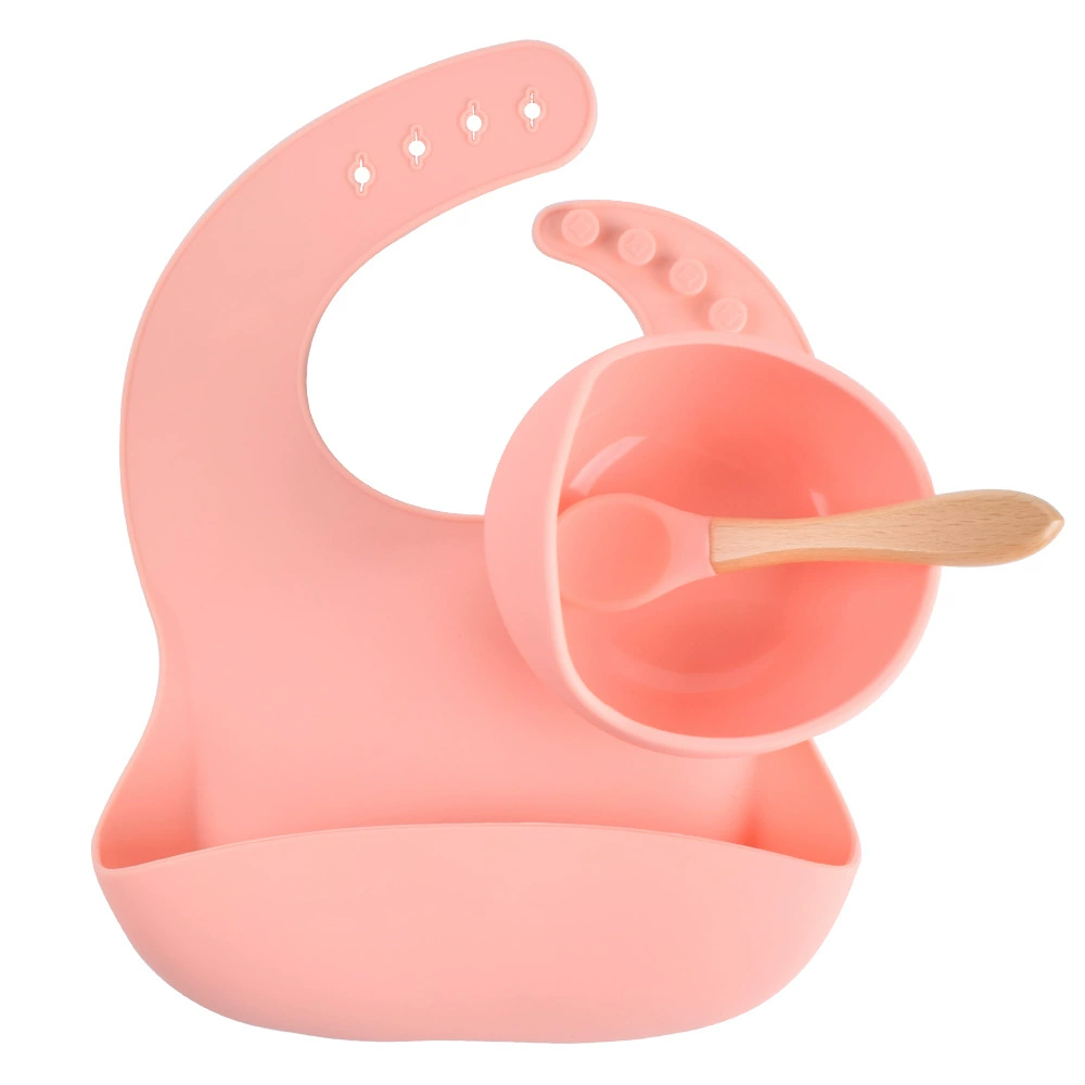 Silicone children's tableware set — bib, bowl and spoon with suction base, multi-color