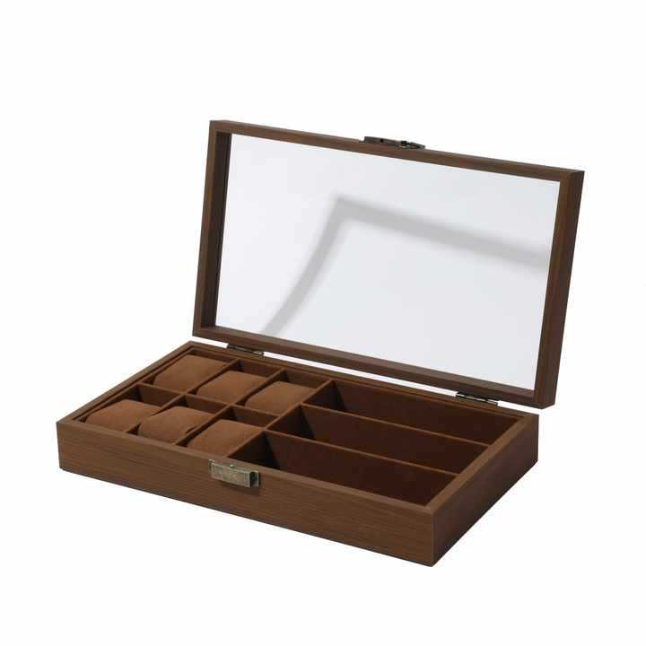 Spot Retro Version Black Walnut Wood Grain 6-Digit Watch + 3-Digit Glasses Storage Collection Display Box 6+3 Storage Box