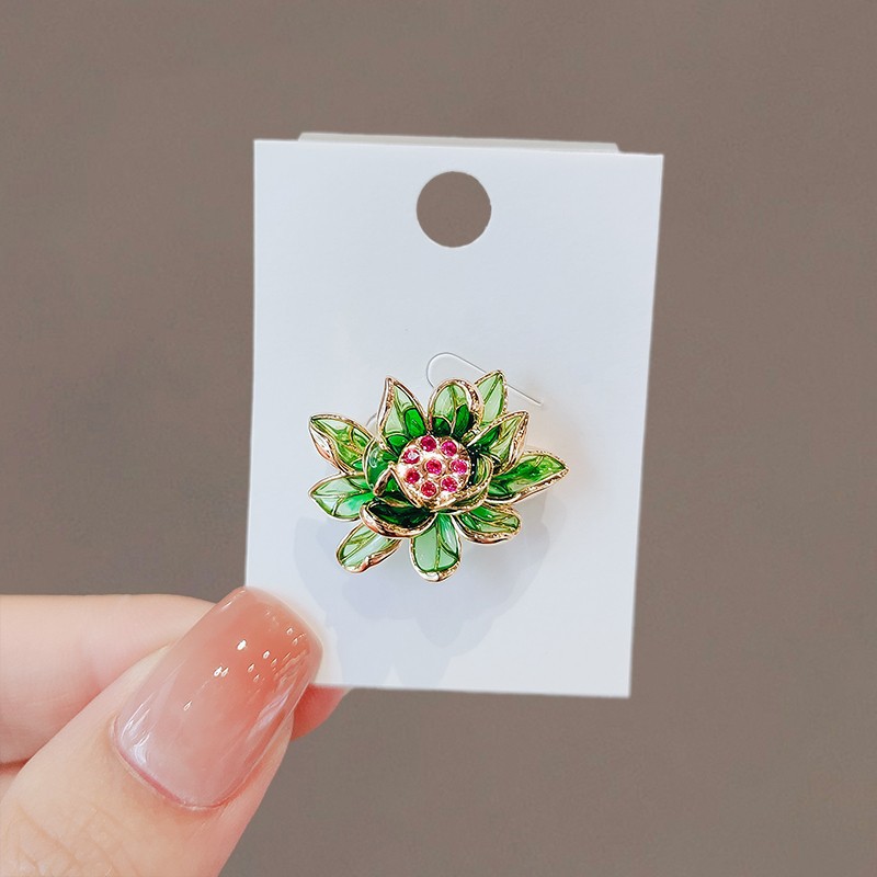 Green Lotus Flower Brooch High-end Women's Fine small size Pin Fixed Clothes Collar Needle Enamel Color Suit Corsage Accessories