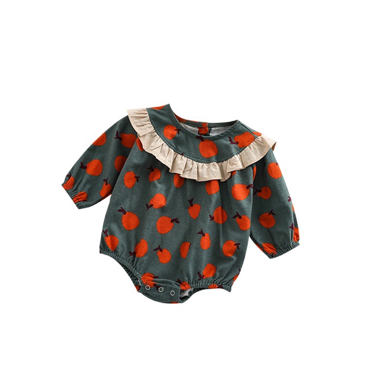 2022 estilo coreano primavera y otoño bebé fruta imprimir vaina ropa infantil encaje costura cepillado romper moda