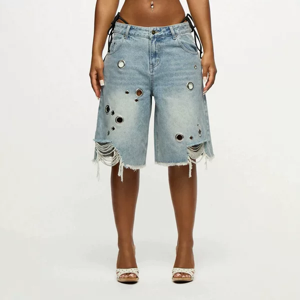 European and American Style Spicy Girl Low-Waist Eyelet Denim Shorts, New Summer Model with Distressed Frayed Edges and Holes, Wide-Leg Mid-Length Pants