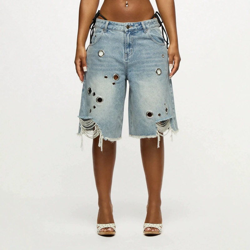 European and American Style Spicy Girl Low-Waist Eyelet Denim Shorts, New Summer Model with Distressed Frayed Edges and Holes, Wide-Leg Mid-Length Pants