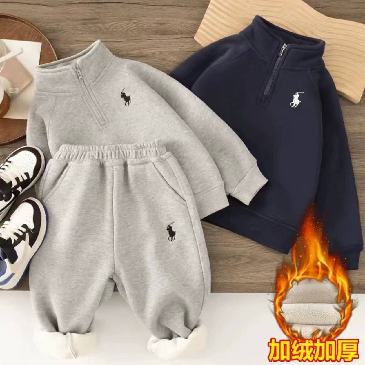Детский флисовый свитшот модный бренд детская одежда зимний утолщенный теплый спортивный костюм корейский комплект для мальчиков 2 предмета оптом