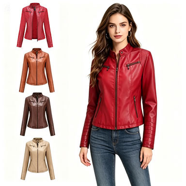 Cross-border women's leather jacket—European and American-style spring/autumn PU biker jacket—European size leather outerwear—short, fashionable women's jacket