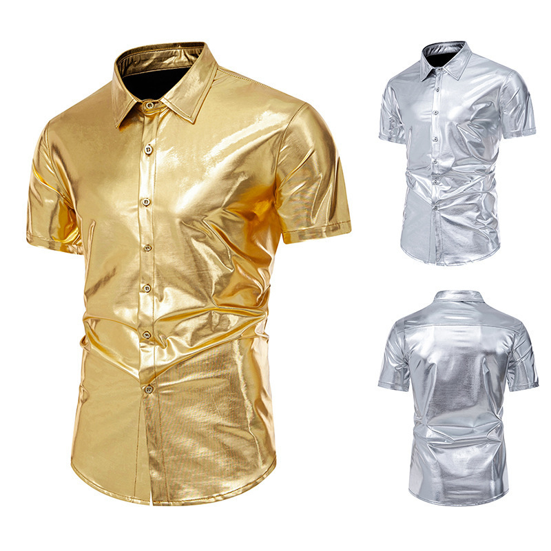 2025 Amazon New Men's Glossy Nightclub Disco 반소매 셔츠 남성용 광택 셔츠
