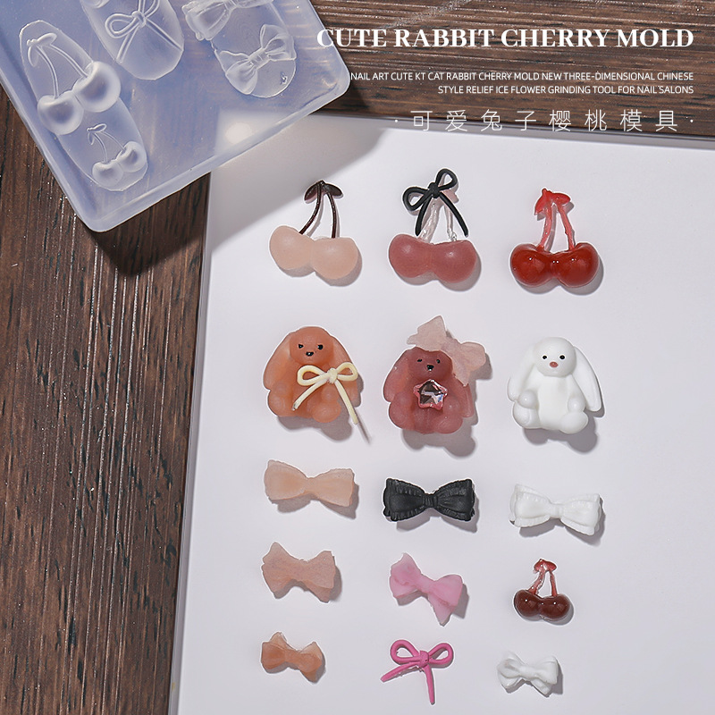 Nuevo molde de manicura de silicona conejo cereza arco adorable accesorios de tallado tridimensional DIY joyas al por mayor