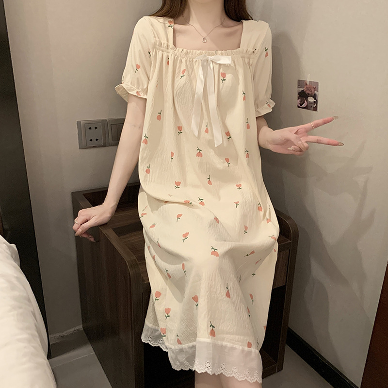 2025 nuevo verano vestido de pijama de mangas cortas nube de algodón de mujer princesa dulce vestido de casero vestido largo se puede usar fuera