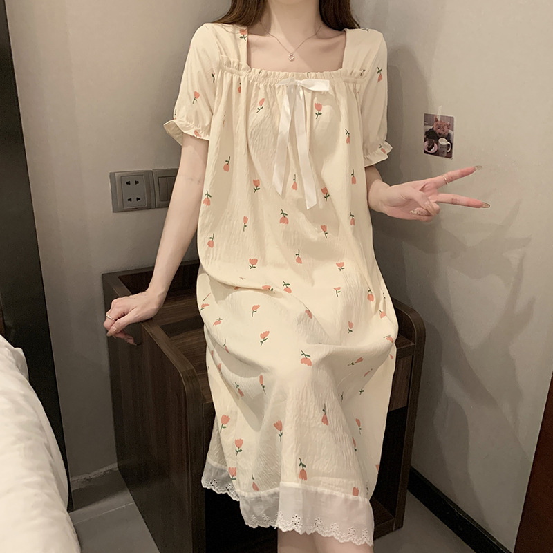 2025 New Summer Short-sleeved Nightgown Women's Cloud Cotton Yarn Girl Princess Style Sweet Home Wear Long Dress for Outer Wear 2025 New Summer Short-sleeved Nightgown Women's Cloud Cotton Yarn Girl Princess Style Sweet Home Wear Long Dress for Outer Wear
