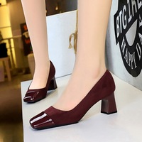 5297 style fashionable, simple and versatile women's shoes with thick midsole and shallow mouth suede splicing square toe spring and autumn single shoes for women