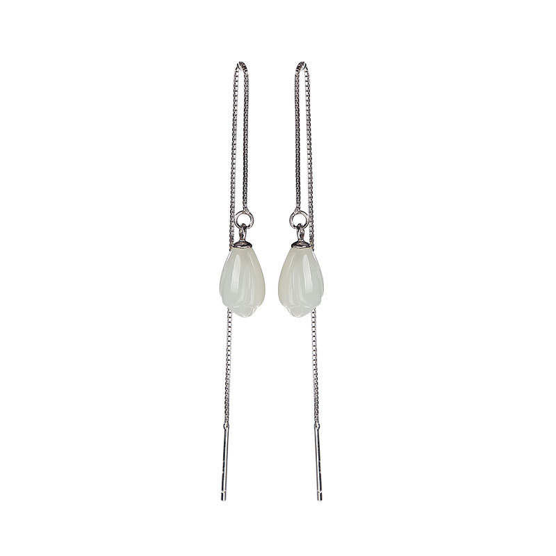 Bông tai dài hoa mộc lan bạc S925 đính ngọc bích Hetian tự nhiên — Một cặp
