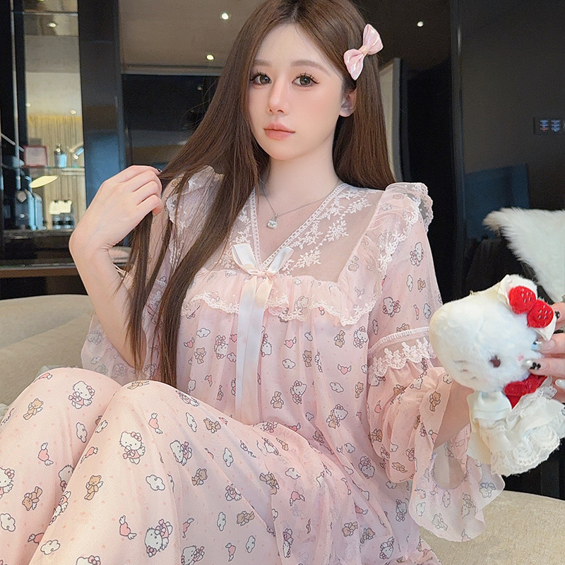 凌蕾春秋新款印花色蕾丝花边甜美宽松公主风网纱睡衣套装家居服|undefined