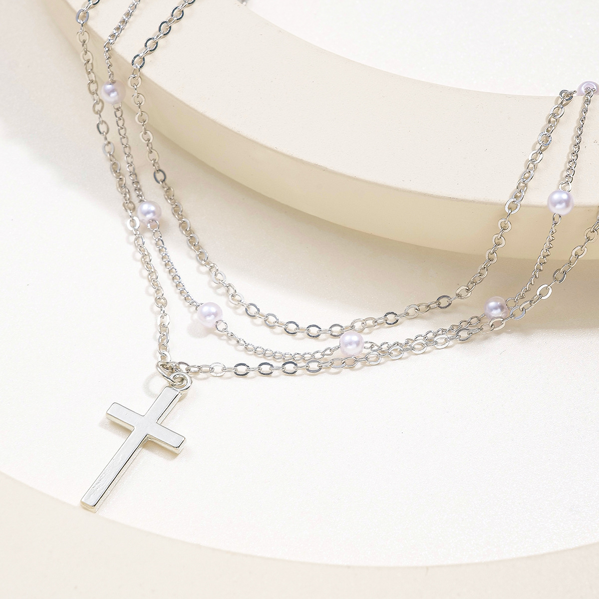 Multilayer Stacked Necklace With Pearl Cross Pendant Retro Style_voghion.com