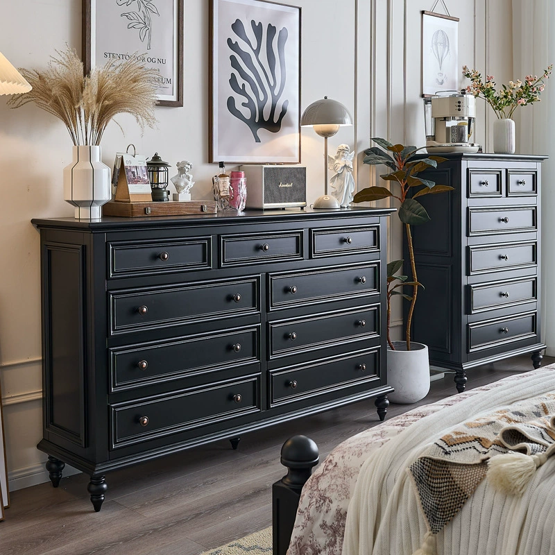 H & American шкаф с девятью ящиками из цельного дерева, черный французский ретро-боковой шкаф для гостиной, прикроватная стенка для спальни, узкий шкаф с выдвижными ящиками для хранения