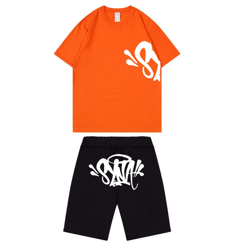 Летняя мужская новая хлопковая белая Synaworld с буквенным принтом, повседневная спортивная дышащая футболка, комплект с шортами