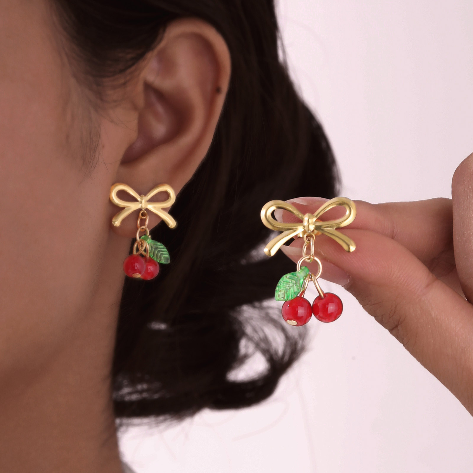 Cherry, Bow Knot Pattern 1 Pair IG Style Sweet Cherry Bow Knot Plating 304 Stainless Steel Resin Drop Earrings