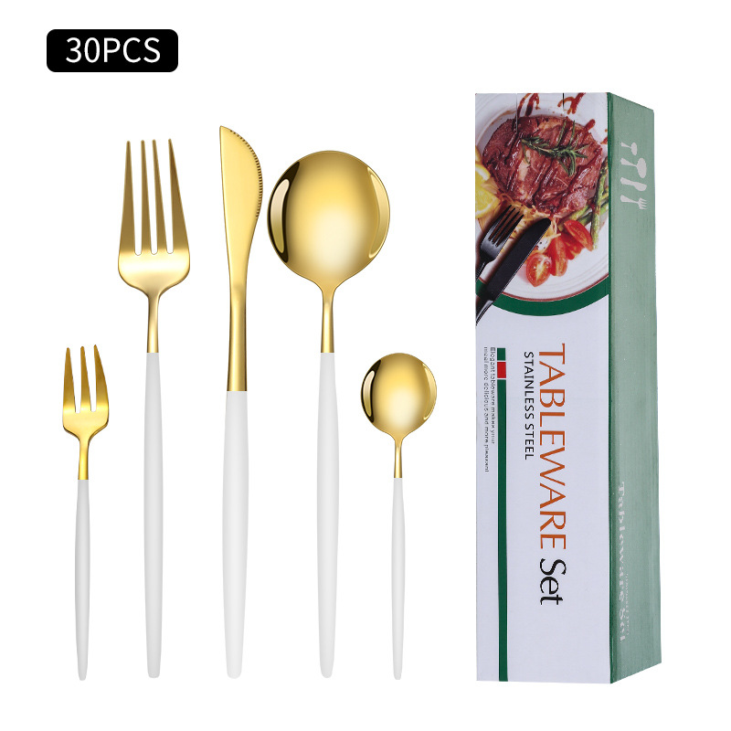 Cruz-Frontera de acero inoxidable vajilla portugués cuchillo y tenedor conjunto de 30 piezas de comida occidental cuchillo de filete de oro y cuchara de la caja de regalo