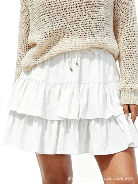 Amazon's New European and American Style Women's Bohemian Style Ruffled Layered Short Skirt Casual High-Waisted Mini Skirt
