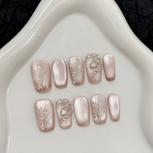 Yihe New Chinese Style Cool Feeling Cat's Eye Spirit Snake Accompanied with Bamboo Guofeng Pile Diamond Short Simple Nail Art Hand-worn Armor