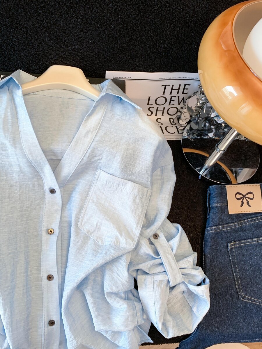 Áo sơ mi chống nắng nữ dài tay dáng rộng chất liệu linen thoáng mát — xanh lam chi tiết 14