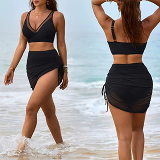 27欧美深Vbikini亚马逊外贸时尚新款纯色性感网纱拼接分体女士泳