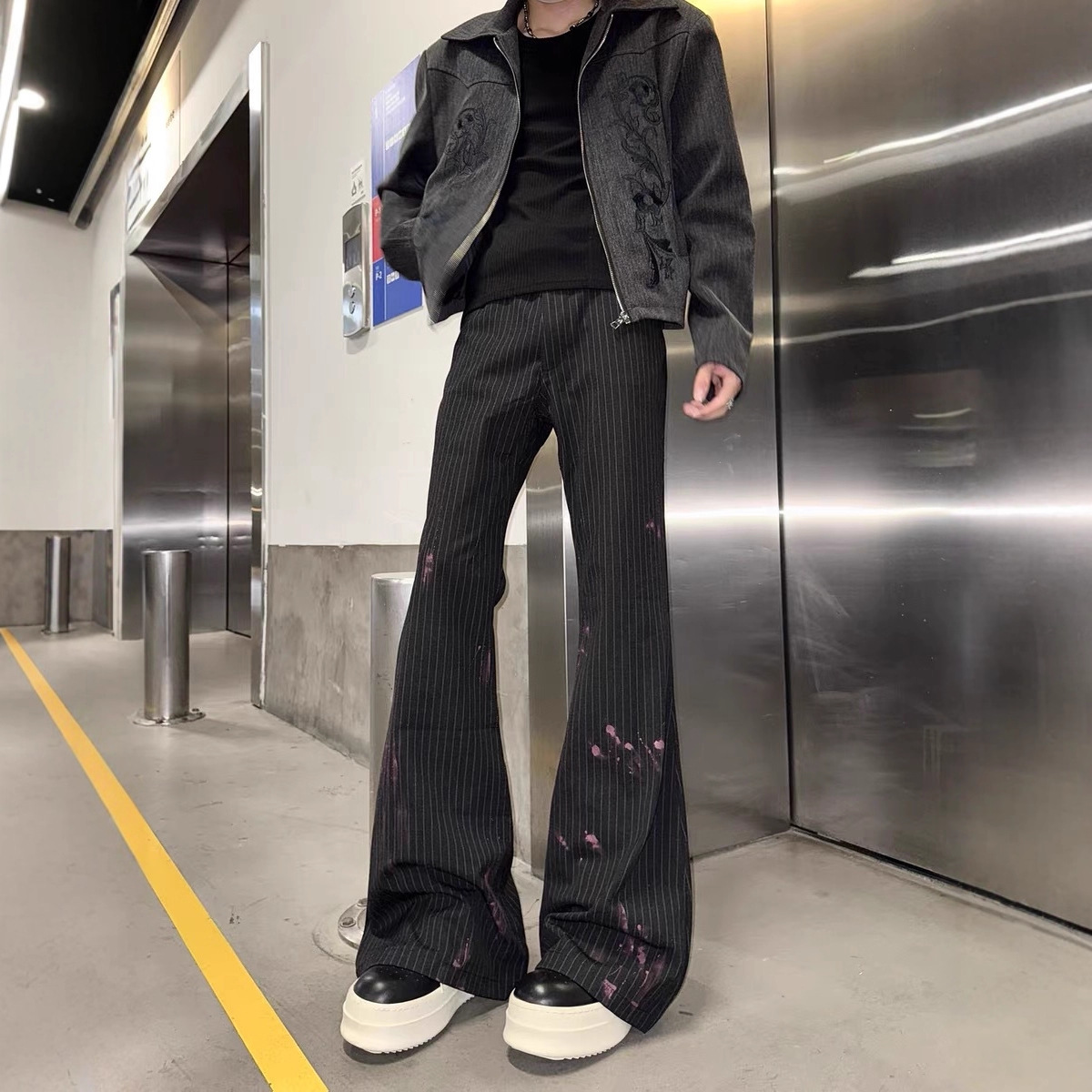 Gouxian Blood-Stained Splash-Ink Vertical Stripesd Pants for Men, High-End, Slightly Flared, High-Draping Floor-Length Casual Pants