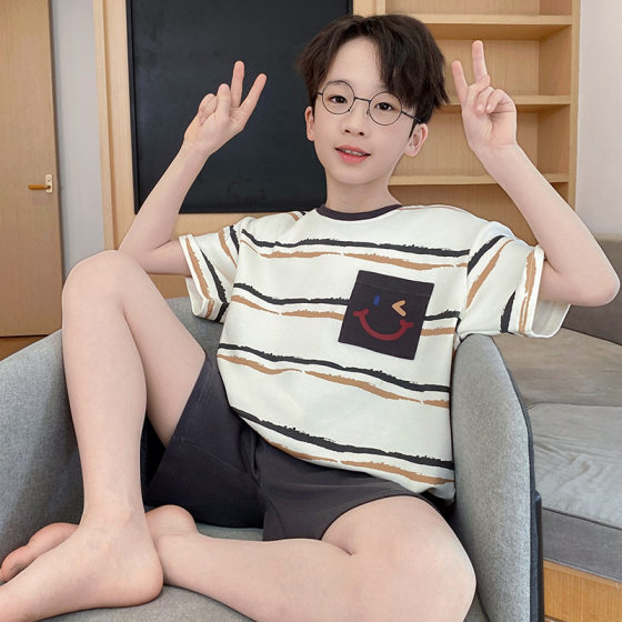 Boys' Pajamas Summer Short-sleeved Shorts Children's 100% Pure Cotton Middle and Big Kids Boys' Home Clothes Youth Cartoon suit