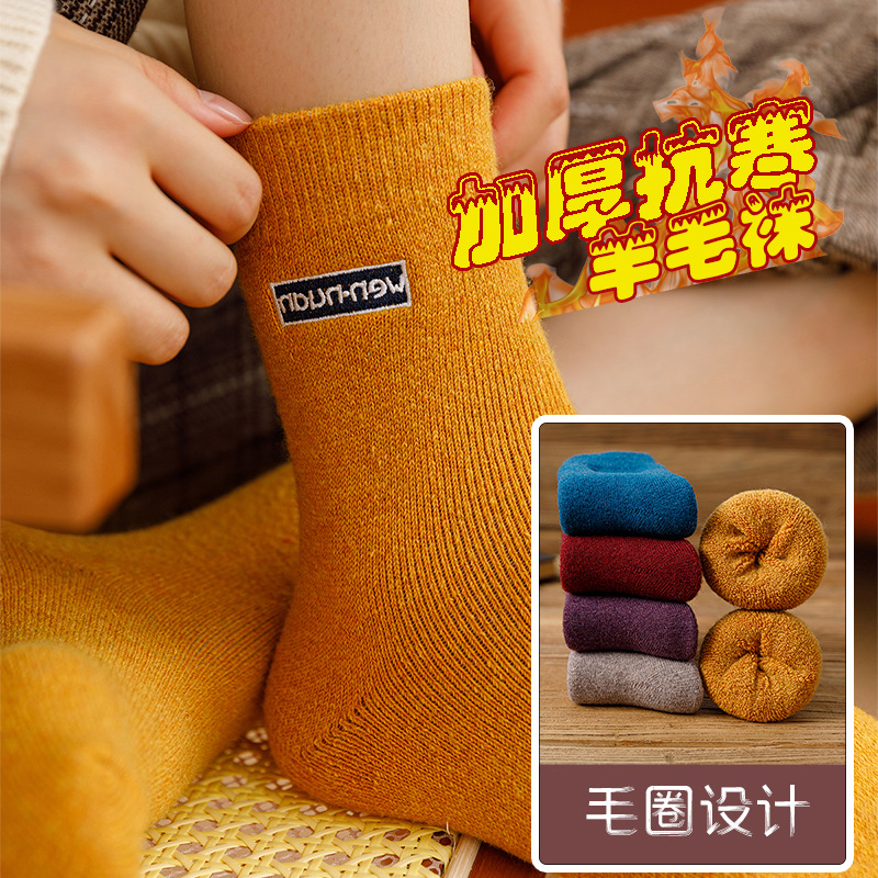 襪子女士秋冬季羊毛襪中筒保暖女棉襪毛圈地板襪刺繡款加絨加厚長