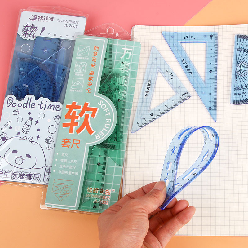 Transparent ruler set cartoon cute student learning use triangle protractor ruler stationery soft ruler wholesale