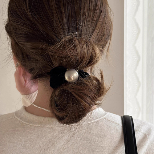 Autumn/Winter Velvet Black Hair Ring for Women  New Style Hair Tie with High-End Pearl Hair Flowers and Hair Ribbon Wide Elastic Band