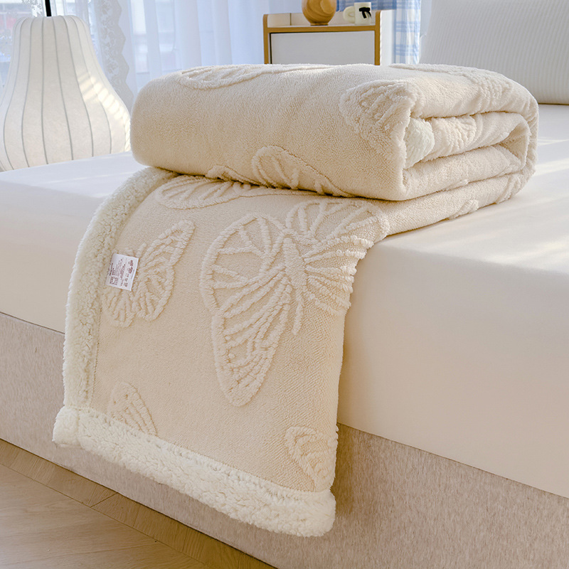 Cross-border new version AB version taffeta lamb wool throw blanket solid color butterfly print brocade multi-functional cover blanket nap blanket