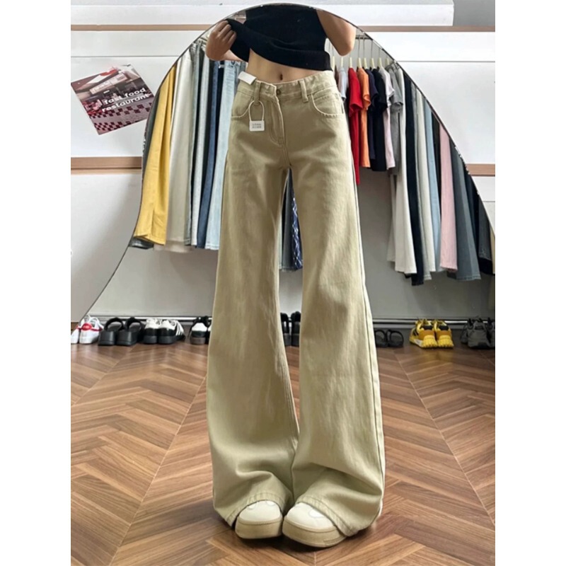 Khaki Flared Jeans for Women 2026 Spring/Summer New Style Loose Fit Slimming Drapey Floor-Length Bell-Bottom Pants