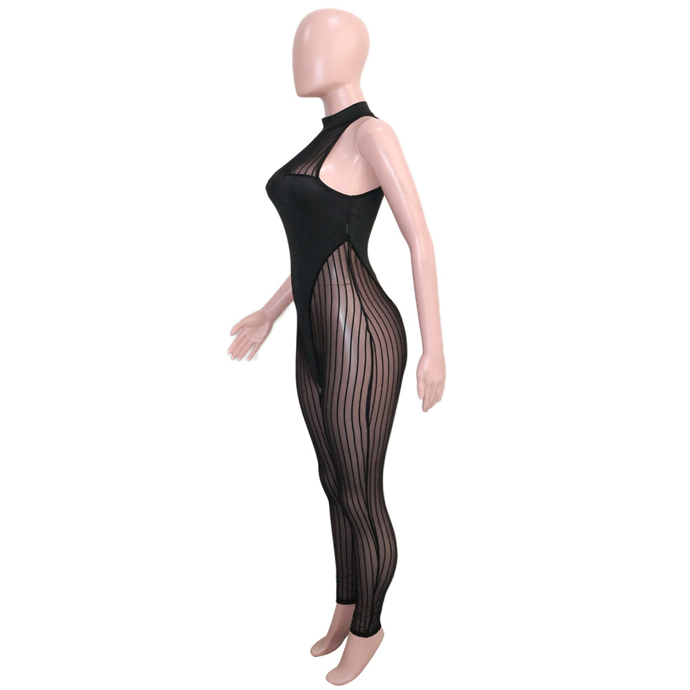 Sexy Bold Stripes Mesh See-through Sleeveless round Neck Jumpsuit for Women